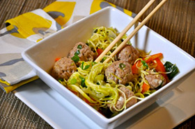 Chinese Zucchini Noodle Bowls with Pork Meatballs