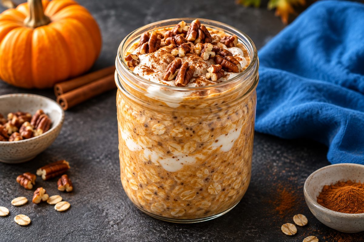 Pumpkin protein overnight oats in a glass jar topped with pecans and cinnamon.