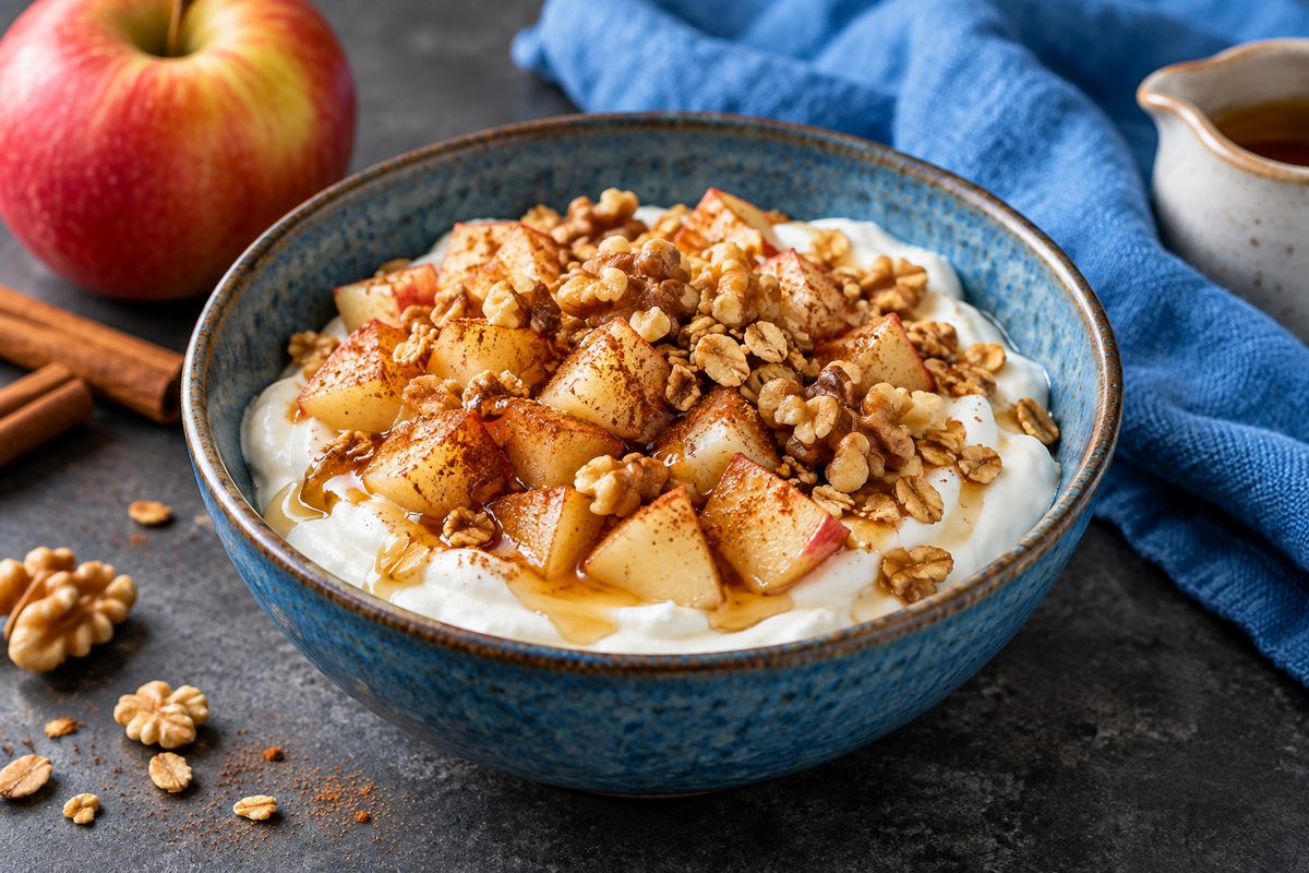 Greek yogurt bowl with cinnamon apples, walnuts, granola, and a maple syrup drizzle.