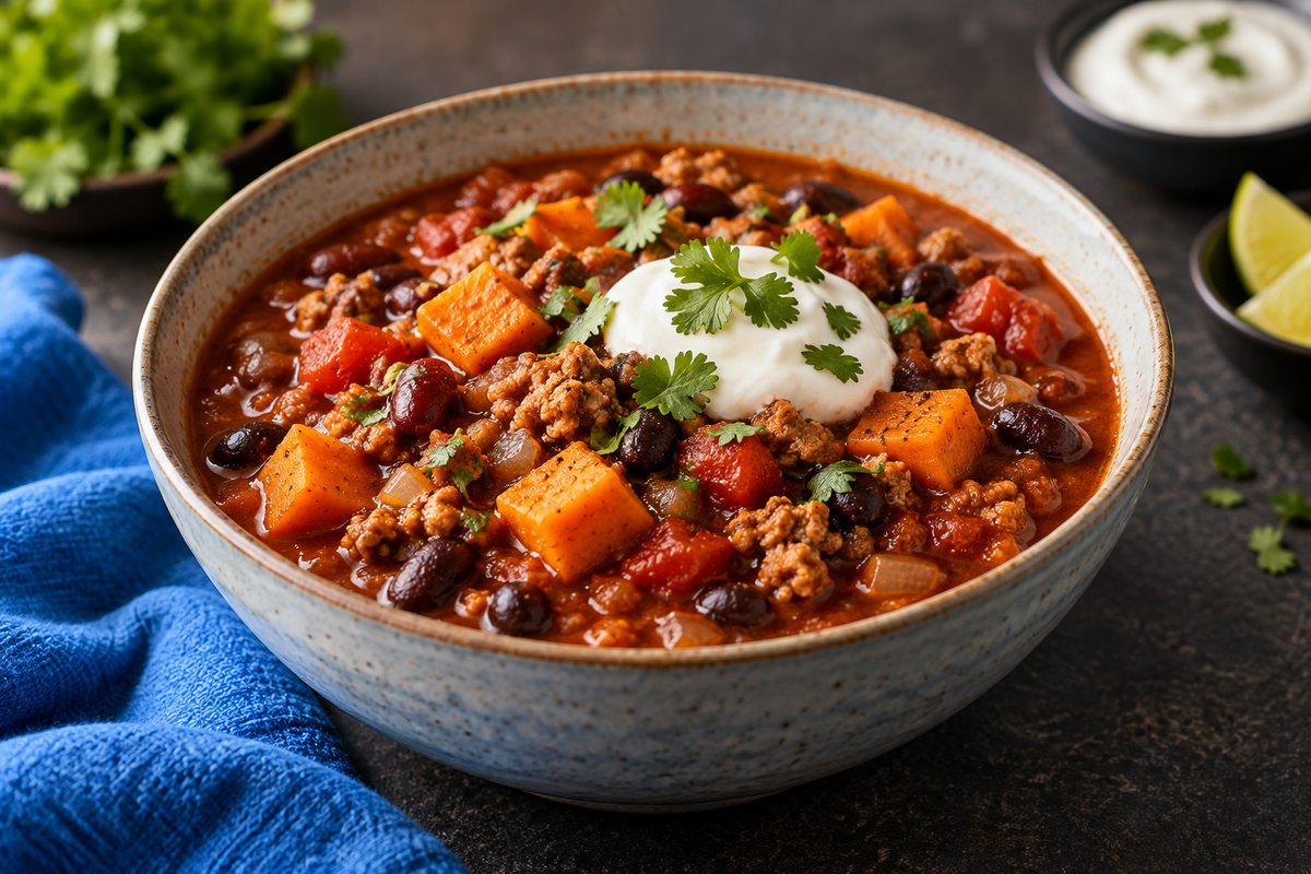 Turkey and sweet potato chili with black beans, kidney beans, and a Greek yogurt topping.