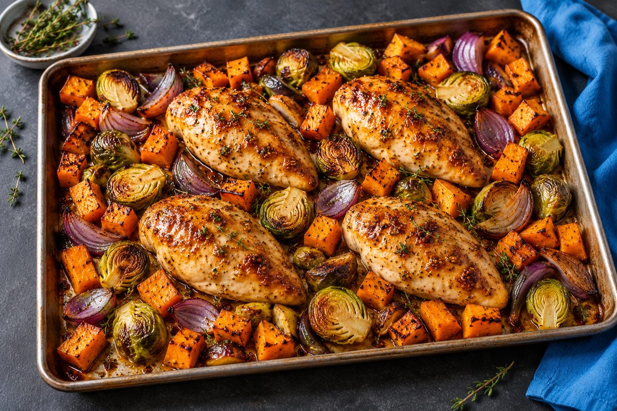Maple Dijon chicken with roasted Brussels sprouts, sweet potato cubes, and red onion on a sheet pan.
