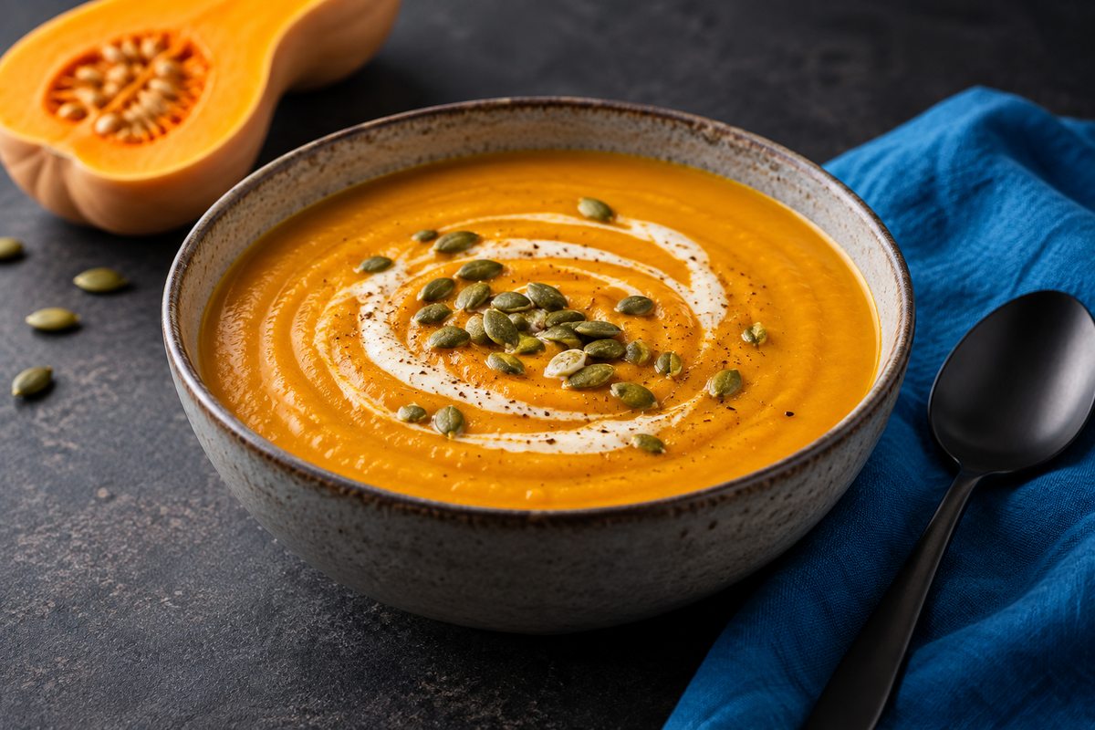 Smooth butternut squash soup with a Greek yogurt swirl and pumpkin seeds.