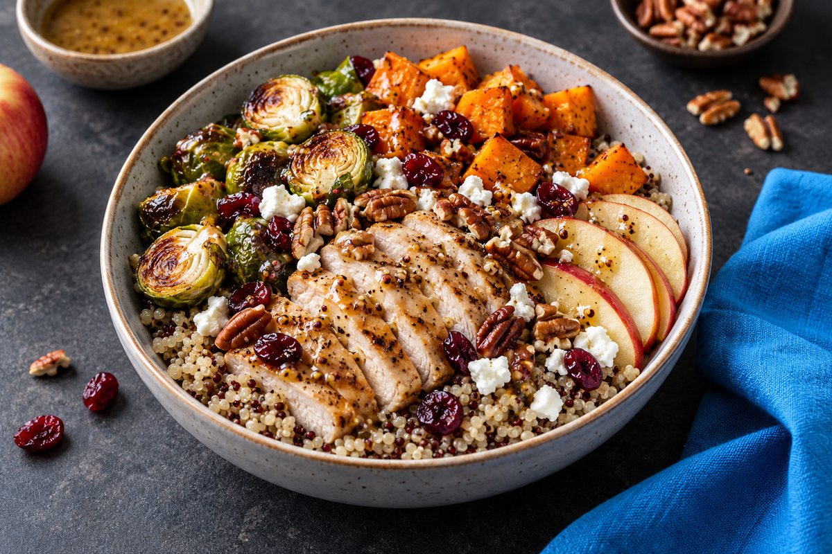 Harvest chicken bowl with quinoa, roasted fall vegetables, apple slices, pecans, and feta.