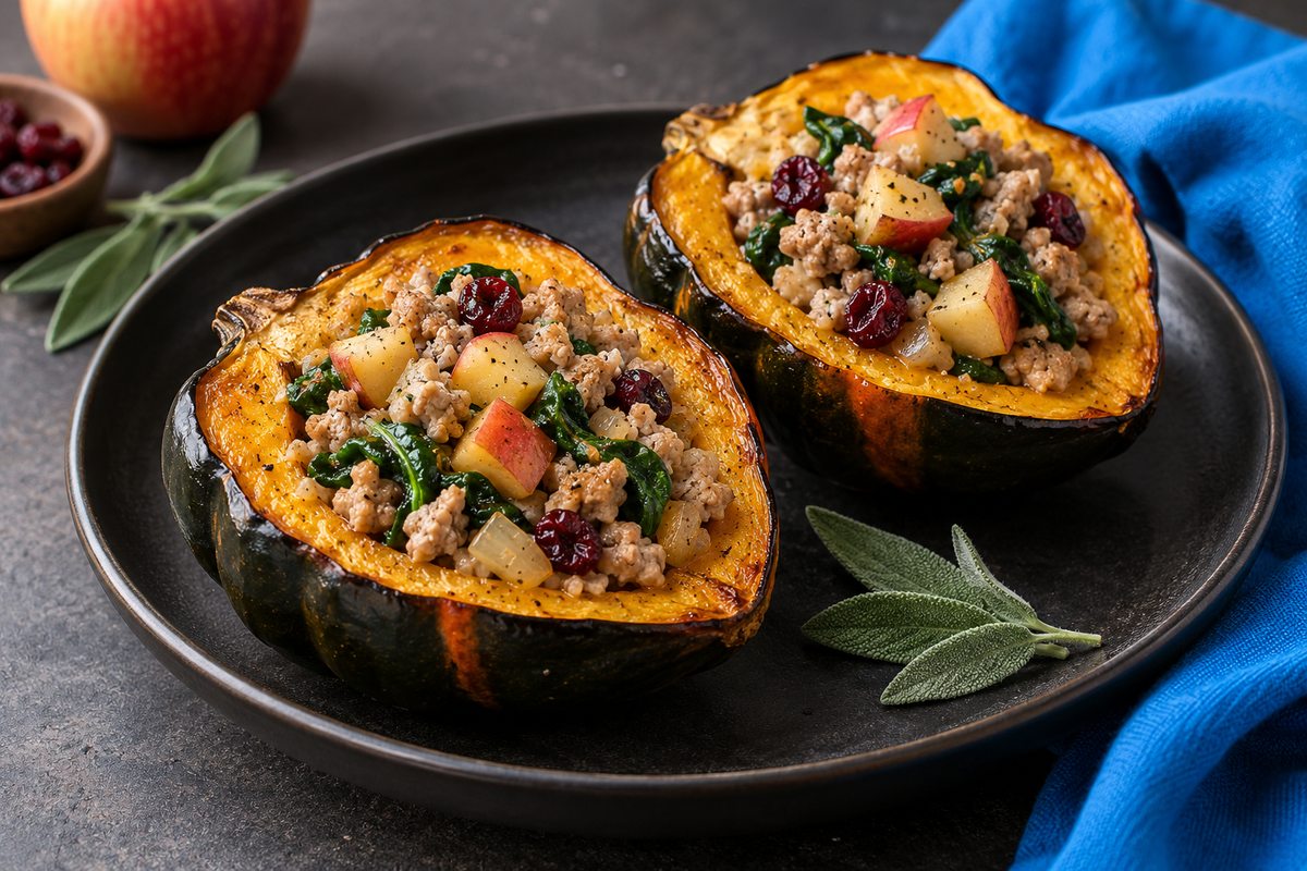 Roasted acorn squash halves stuffed with ground turkey, apple, spinach, and dried cranberries.