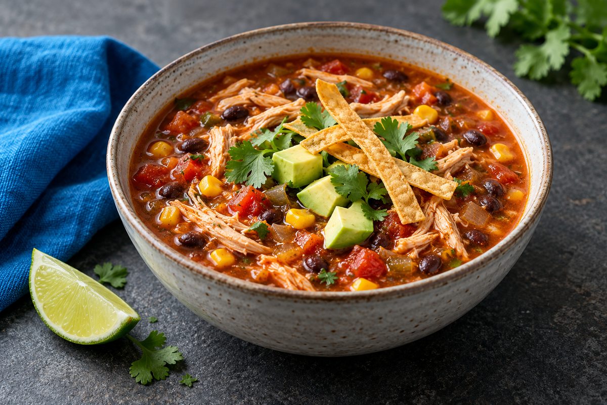 Chicken tortilla soup with shredded chicken, black beans, corn, tomatoes, avocado, and tortilla strips.