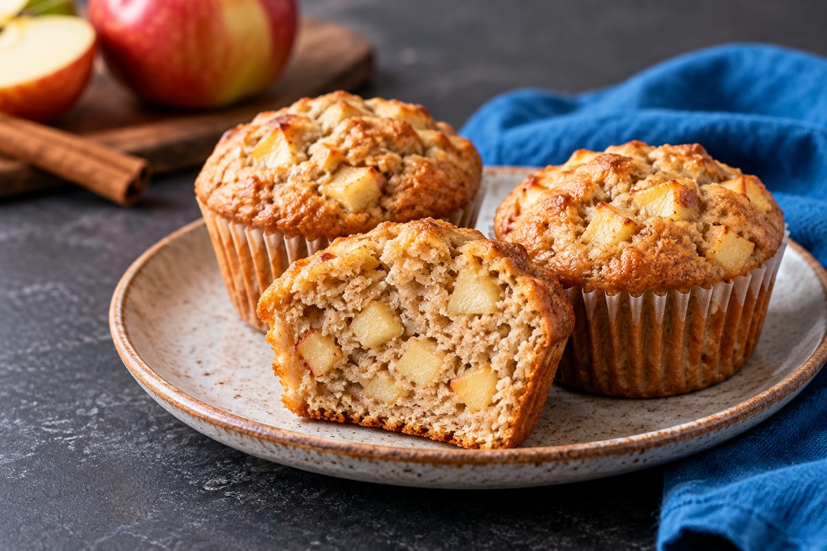 Homemade cinnamon apple protein muffins with visible apple pieces and oat flour texture.