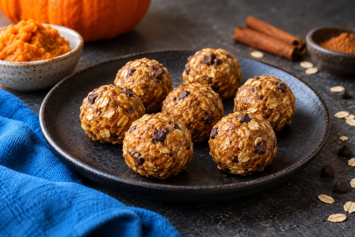 Pumpkin pie protein bites made with oats, nut butter, and mini dark chocolate chips.