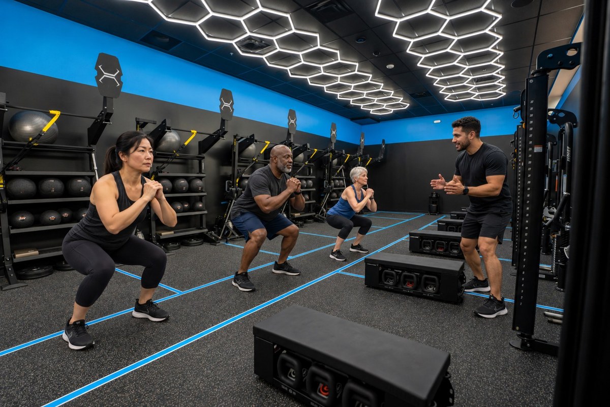 Illustrative small-group FitCamp class in the Outlaw training studio.