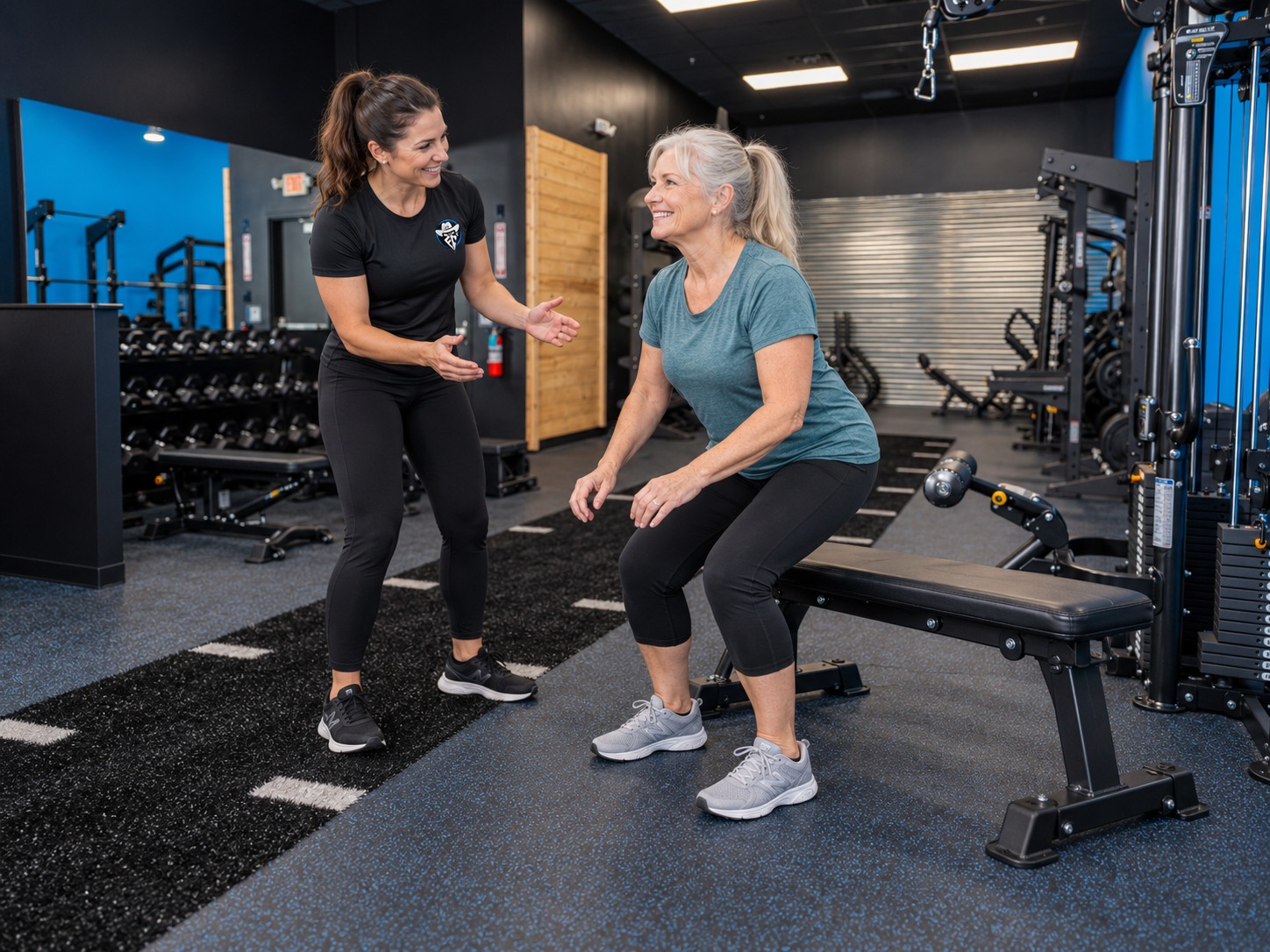AI illustration of an older adult practicing a sit-to-stand exercise with a trainer in the supplied Outlaw FitCamp gym.