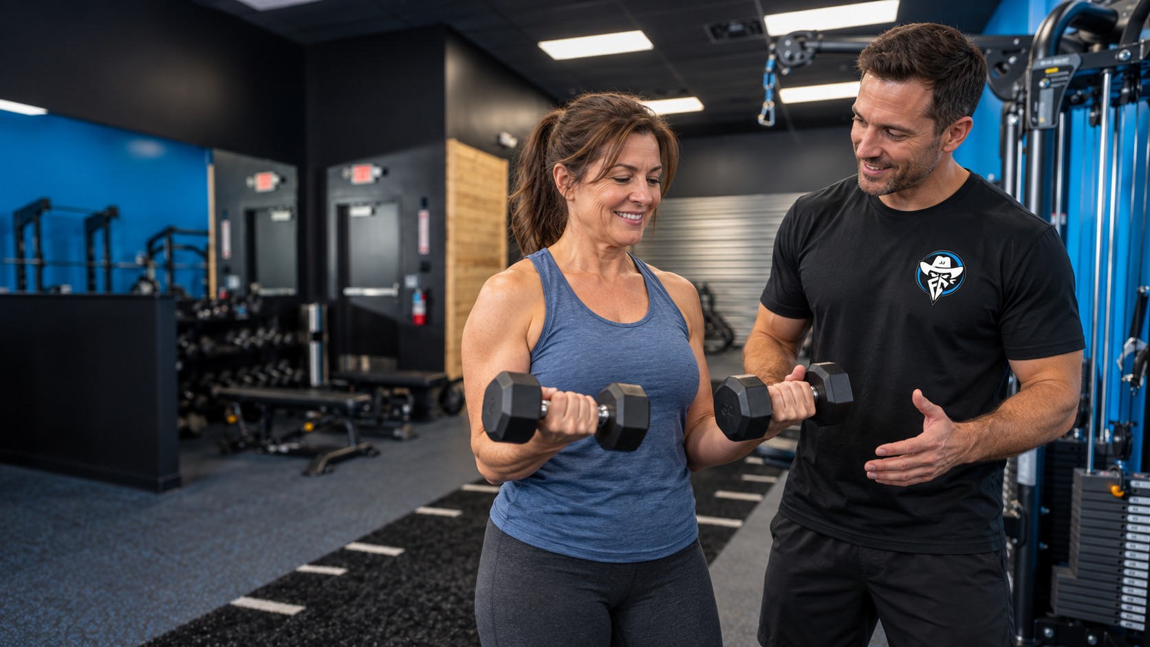 AI illustration of a midlife woman strength training with a coach in an Outlaw FitCamp gym.