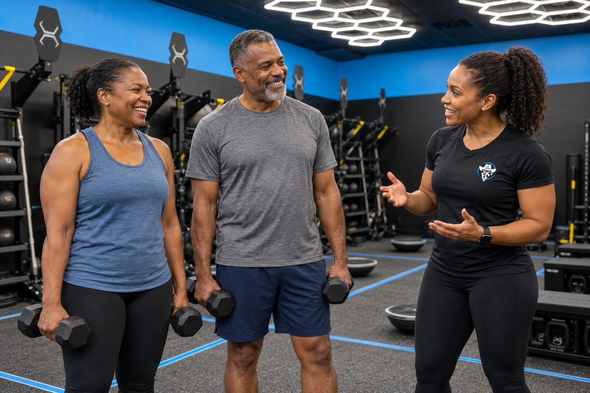 Illustrative Outlaw clients and a trainer sharing a friendly conversation in the studio.