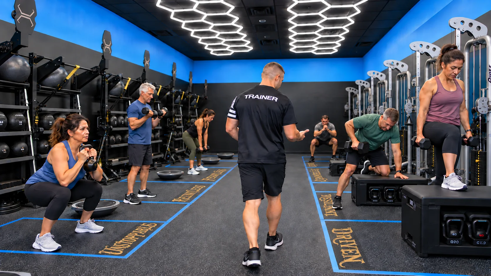 AI illustration of adults of different ages exercising with a coach in a blue-and-black Outlaw FitCamp studio.