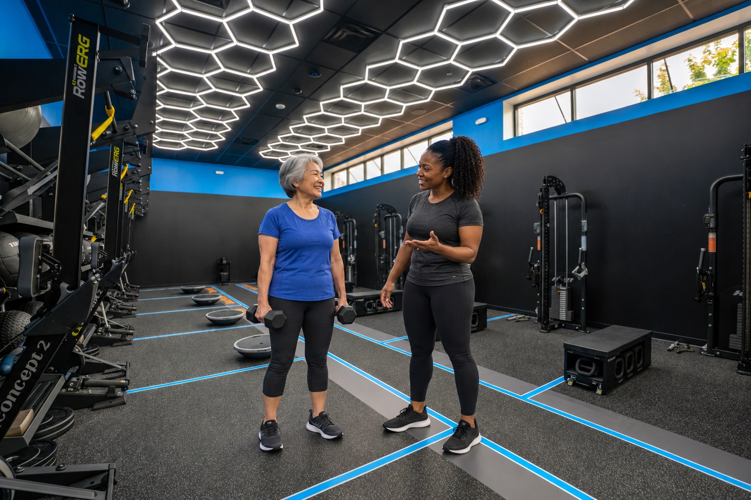 Illustrative AI scene of an older adult receiving coaching in the supplied FitCamp room