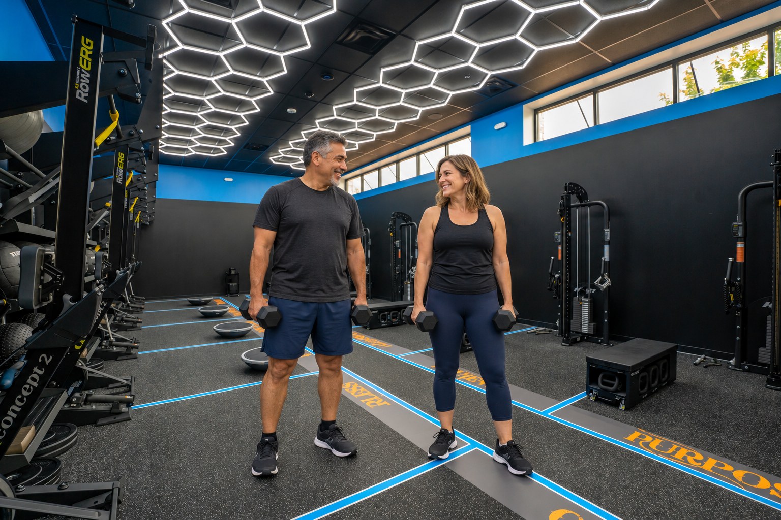 Illustrative AI couple exercising together in the supplied studio